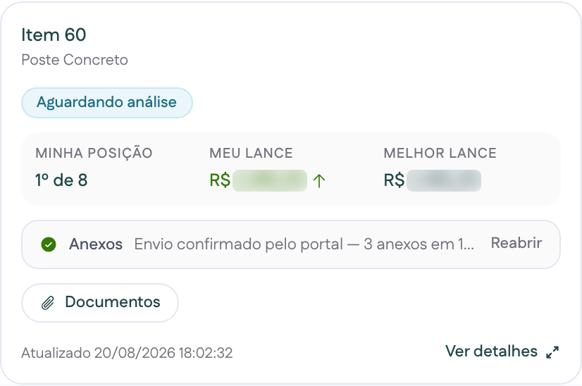 Card de item monitorado no Strela mostrando “1º de 8” e a linha “Anexos: envio confirmado pelo portal — 3 anexos”