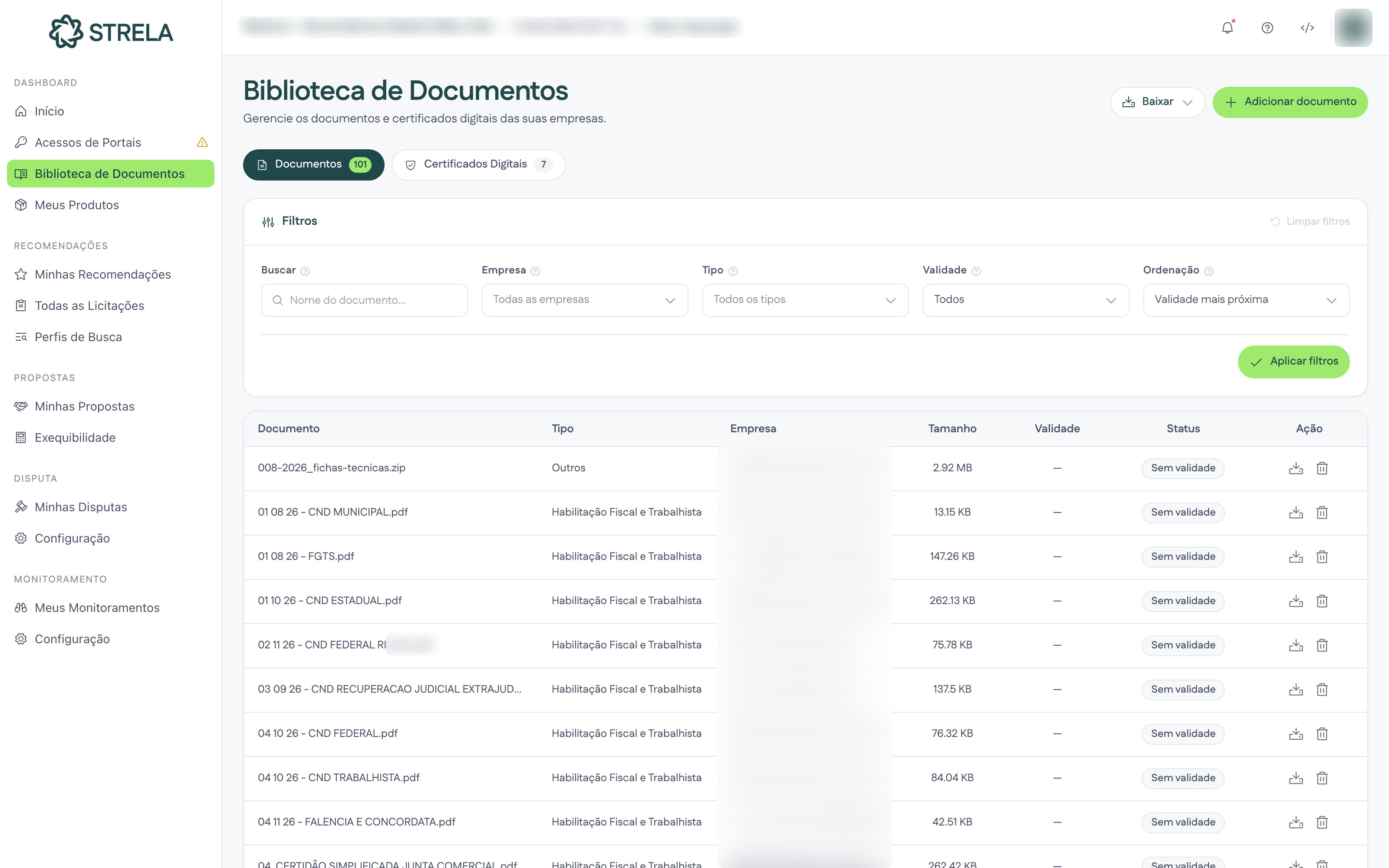 Biblioteca de Documentos do Strela com filtros e tabela de documentos e certificados