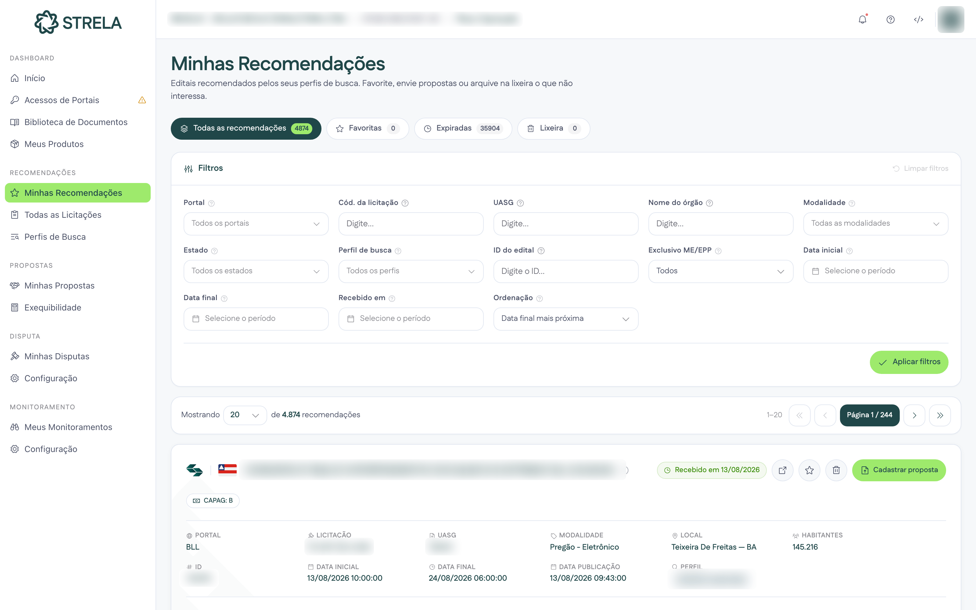 Tela “Minhas Recomendações” do Strela com filtros e um card de edital